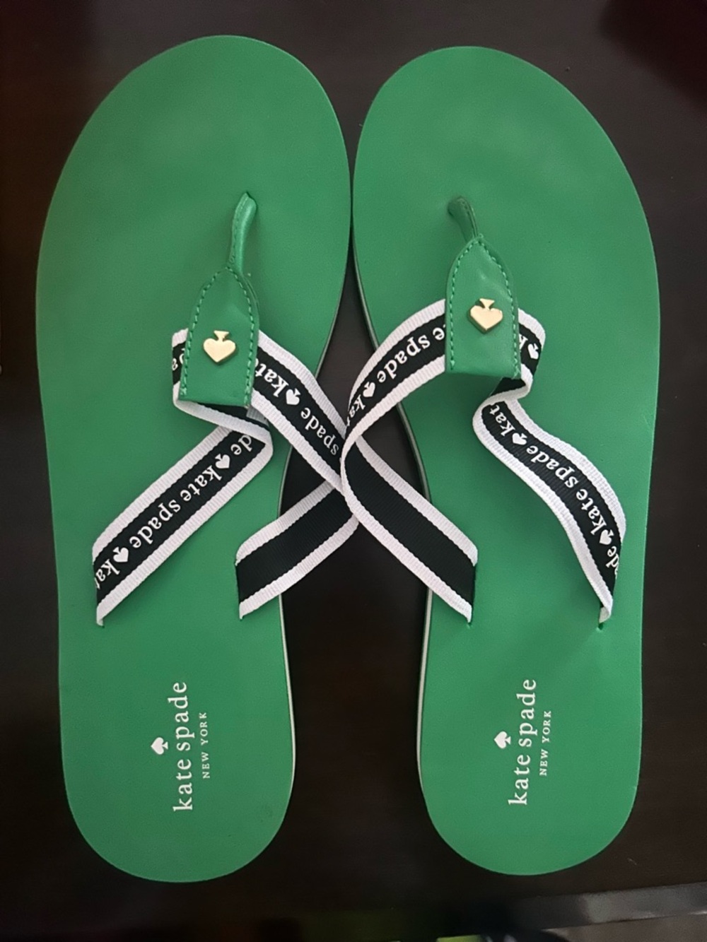 kate spade Green Flip Flop Sandals with Black & White Logo Straps